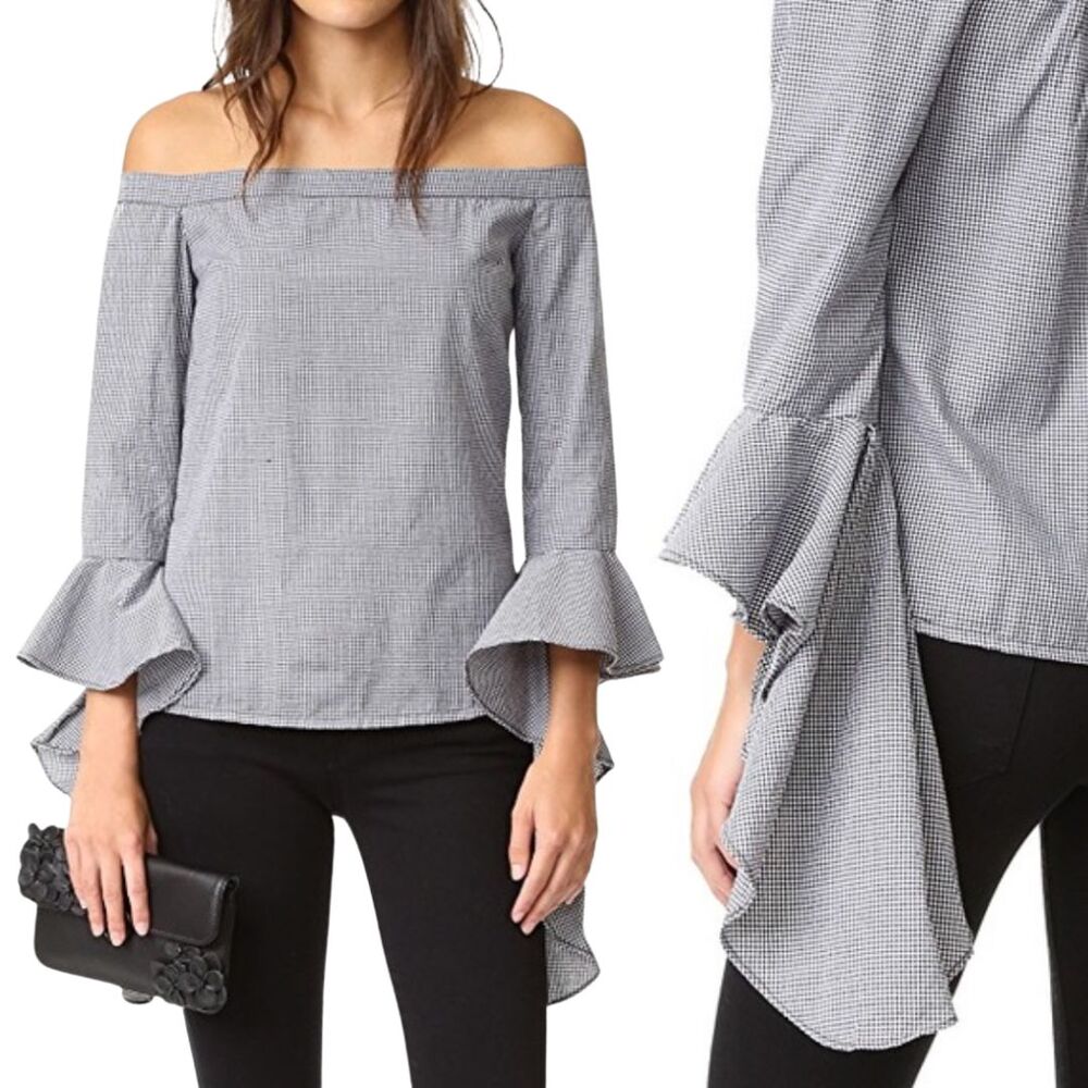 MLM Off the Shoulder Black White Gingham Top Bell Flare Sleeve Blouse Size S